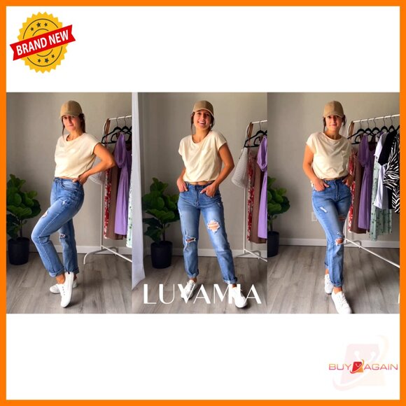 Stretch High Waisted Ripped Boyfriend Jeans Slim Fit Distressed Denim Pants - Picture 7 of 7